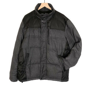 TUMI T-Tech Down Puffer Jacket Mens Sz L Black Gray Herringbone Zip Parka Coat